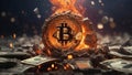 Bitcoin currency with fire superimposed on banknotes