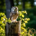 Majestic Owl Perched on Weathered Fencepost in Enchanting Forest