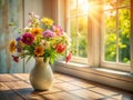Capturing the Essence of Spring A Sunlit Still Life Featuring a Blooming Vase of Flowers and Playful Shadows Royalty Free Stock Photo