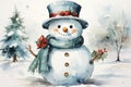 Capturing the essence of winter wonder, this watercolor illustration depicts Frosty the Snowman in his cozy scarf, hat