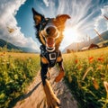 Dramatic GoPro viewpoint of excited dog running through a field