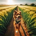 Dramatic GoPro viewpoint of excited dog running through a field