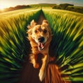 Dramatic GoPro viewpoint of excited dog running through a field