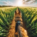 Dramatic GoPro viewpoint of excited dog running through a field