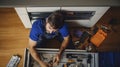 Capturing the Expertise of a Repairman Fixing a Dishwasher, Seen from a High Angle. Generative AI