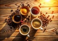 Capturing the Exquisite Aroma A DronesEye View of Aromatic Coffee Cups on a Vibrant Background Royalty Free Stock Photo