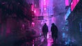 Future Fusion: Hacker and Robot Reunion in Cyberpunk City./n