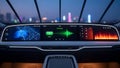 Modern Electric Car Dashboard with Navigation, Charging Status, and Audio Visualizer Royalty Free Stock Photo