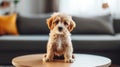 Pint-sized Pooch Pondering the Perks Atop a Stylish, Rustic Wooden Table Royalty Free Stock Photo