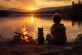 Capturing Moments: Boy and Cat Watching the Sunset by the Lake Royalty Free Stock Photo