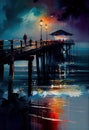 Capturing the Moody Colors of Night: A Mobile Man Stands Out on a Pier Royalty Free Stock Photo