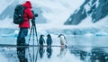 Professional Photographer with Modern Camera and Tripod amidst Iceberg Landscape, Accompanied by Penguins