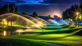 Capturing the Night Efficient Irrigation System Keeps Golf Course Lush and Vibrant Under the Dark Sky Royalty Free Stock Photo