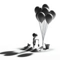 Capturing Shadows: Little Boy with Hanging Balloon in Black and White Royalty Free Stock Photo