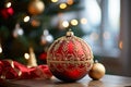 A beautiful Christmas ball with artistic design on a holiday backdrop Royalty Free Stock Photo