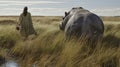 Capturing Timeless Grace: Women Posing With A Hippo In The Style Of Peter Lindbergh