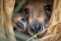 capturing the unique moment of a kangaroo joey peeking out of its mother's pouch, with the rest of its body hidden Royalty Free Stock Photo