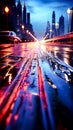 Blurred road and city lights. Urban night scene. Generative AI. Royalty Free Stock Photo