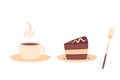 Capuccino and chocolate pie. Coffee cup with slice of cake and fork. Sweet bakery piece with hot beverage. Pastry dessert with