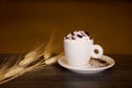 Capuccino and coffee and ice cream products along with dry wheat clusters Royalty Free Stock Photo