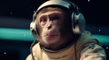 Capuchin Monkey In Astronaut Suit Floats In Space Listening To Music