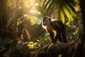 Capuchin monkey in a beautiful sunlit forest with golden light rays