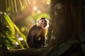 Capuchin monkey in a beautiful sunlit forest with golden light rays