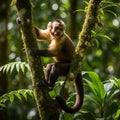 A capuchin monkey (Cebus capucinus) is perched on a moss-covered tree branch in a Royalty Free Stock Photo