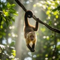 A Capuchin monkey (Cebus spp.) hangs upside down from a vine in a sunlit rainforest Royalty Free Stock Photo