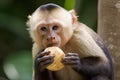 Capuchin monkey eating a coconut in a beautiful sunlit forest with golden light rays