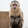 Curious capuchin monkey sitting on wooden surface Royalty Free Stock Photo