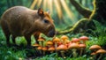 Capybara Encountering Vibrant Mushrooms in a Sunlit Forest Royalty Free Stock Photo
