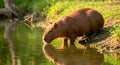 Capybara Drinking Water with Perfect Reflection in Lake at Sunset. Royalty Free Stock Photo
