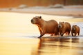 Capybara family on the beach