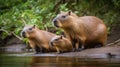 Capybara family in natural habitat. Generated AI