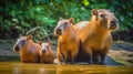 Capybara family in natural habitat. Generated AI