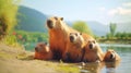 Capybara family relaxing by a riverbank