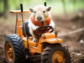 Capybara farmer drives mini tractor