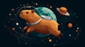 Capybara flying in outer space in a spacesuit against the background of planets Royalty Free Stock Photo
