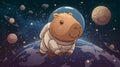 Capybara flying in outer space in a spacesuit against the background of planets and Earth Royalty Free Stock Photo