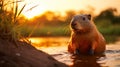 Capybara, Hydrochoerus hydrochaeris, Biggest mouse near the water with evening light. generative ai