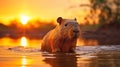 Capybara, Hydrochoerus hydrochaeris, Biggest mouse near the water with evening light. generative ai