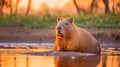 Capybara, Hydrochoerus hydrochaeris, Biggest mouse near the water with evening light. generative ai