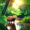 Capybara (Hydrochoerus hydrochaeris) in the jungle AI generated