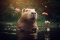 Capybara, hydrochoerus hydrochaeris, the largest house by the water with evening lighting during sunset. An orange evening with a