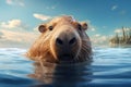 Capybara, hydrochoerus hydrochaeris, the largest house by the water with evening lighting during sunset. An orange evening with a