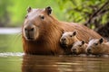 Capybara (Hydrochoerus hydrochaeris) mother with her three babies, A capybara family resting together on the