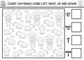 Capybara logic black and white game with right, left, up, down concept for kids. I spy searching, counting line activity with