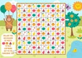 Capybara maze, seek and find game with apple, pear. Attention skills puzzle. Capibara printable activity for kids. Logical