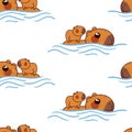 Capybara mom and baby swimming seamless pattern vector illustration